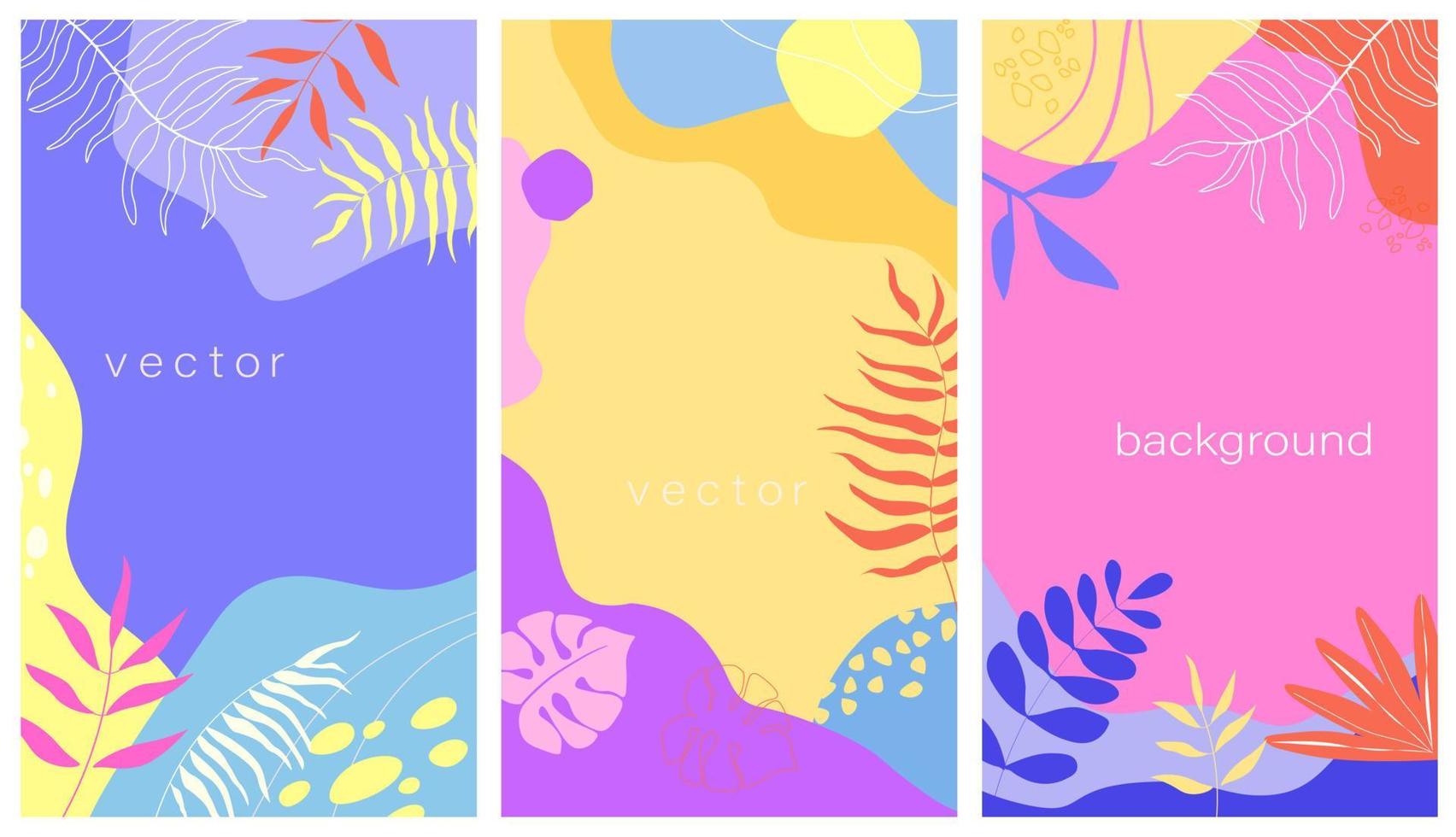 A set of vertical vector design templates in a simple contemporary style with summer tropical leaves, abstract shapes, with space for copying text, desktop wallpapers in social media.