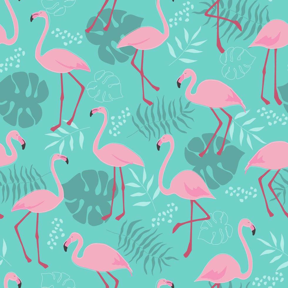 patrón impecable con pájaros flamencos, hojas de palmeras tropicales y monstera. estampado de animales exóticos. gráficos vectoriales vector