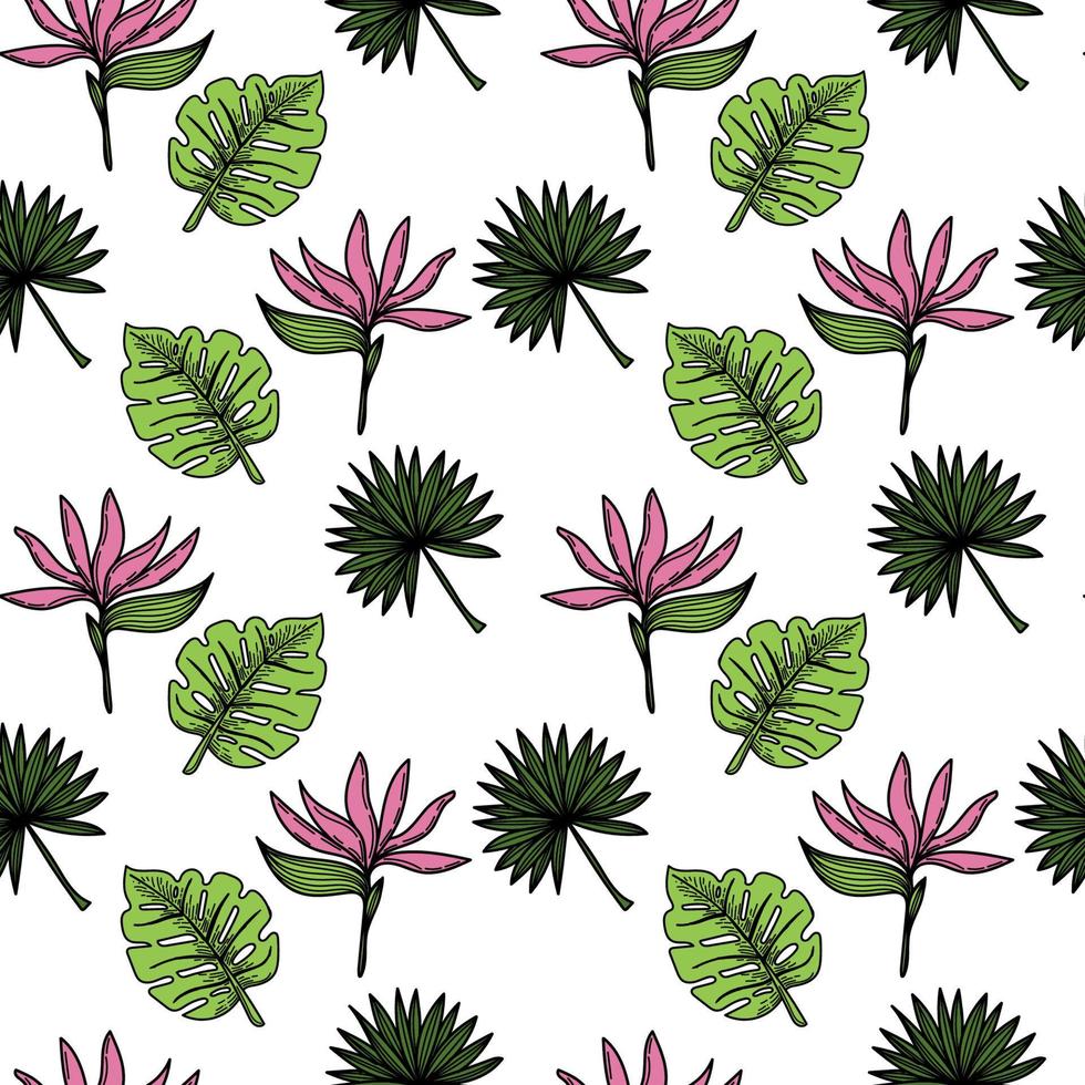 A seamless pattern of a tropical strelitzia flower and leaves. Hand-drawn elements in a doodle style sketch, bright flower and greenery. Tropics. Strelitzia. Isolated vector illustration.