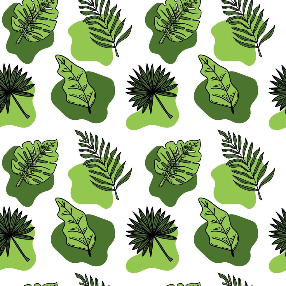 A seamless pattern depicting tropical palm and monster leaves. Hand-drawn doodle-style elements, bright flower and greenery. Tropics. Summer. exotic leaves. Isolated vector illustration
