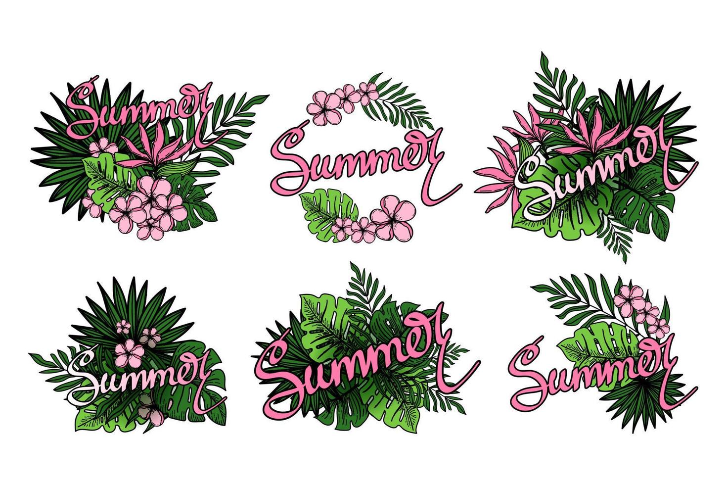 conjunto de pegatinas con letras de verano, carteles de hojas de palma, hojas de selva, flores exóticas y escritura a mano. vector hecho a mano en estilo garabato. fondo de verano tropical floral. ilustración vectorial