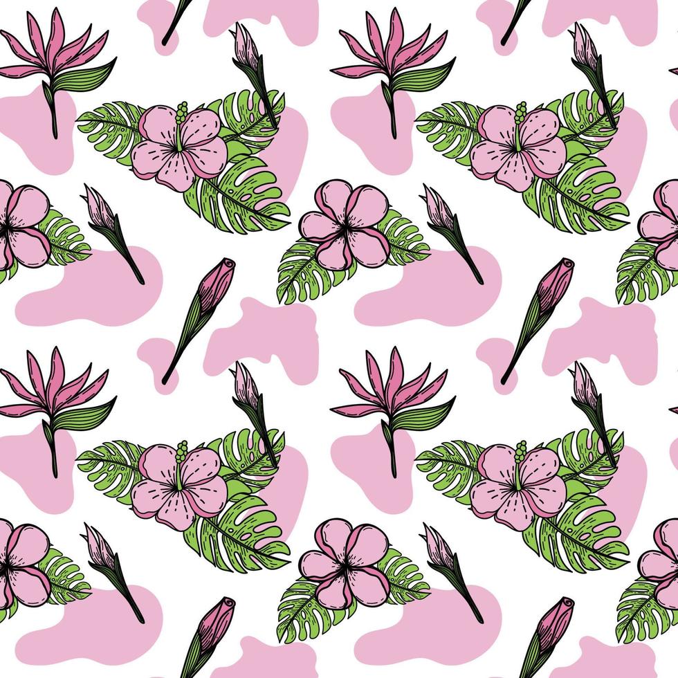 A seamless pattern of a tropical hibiscus flower. Hand-drawn sketch of a bright flower in doodle style. Tropics. Pink hibiscus. Isolated vector illustration