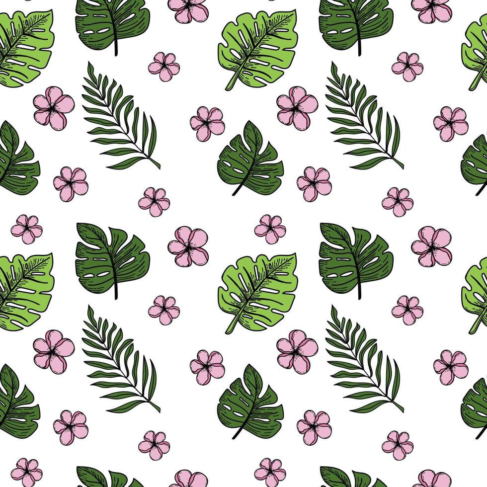 A seamless pattern depicting a tropical flower, palm tree, and leaves. Hand-drawn doodle-style elements, bright flower and greenery. Tropics. Exotic flowers. Isolated vector illustration