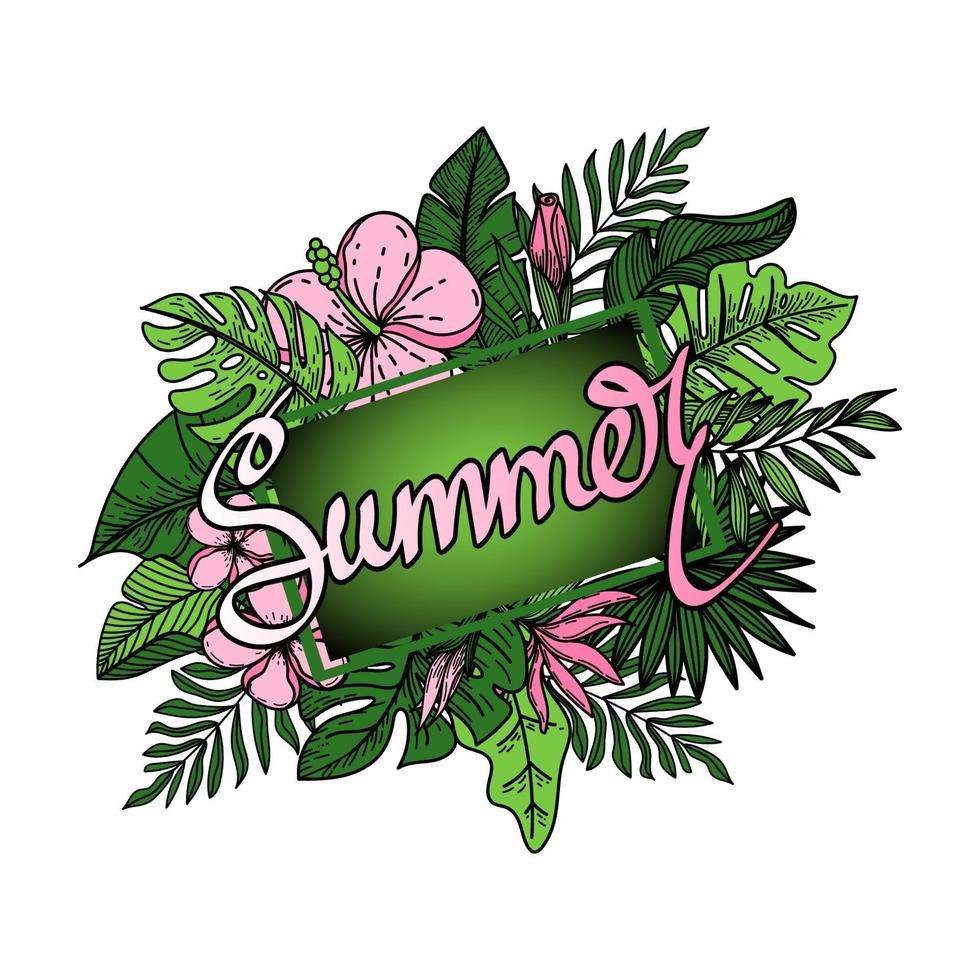 Summer banner, palm leaf poster, jungle leaf, monsters, exotic flowers and handwriting. Vector is hand-drawn in doodle style. Floral tropical summer emblem. Vector illustration