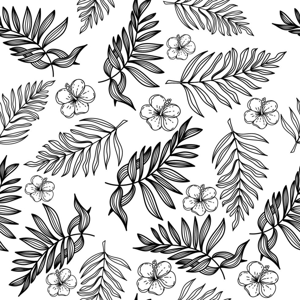 Seamless pattern of tropical leaves and flowers hand-drawn in sketch style. Palm leaves, lotus leaves and foliage. Monochrome. Tropics. Summer. Isolated vector