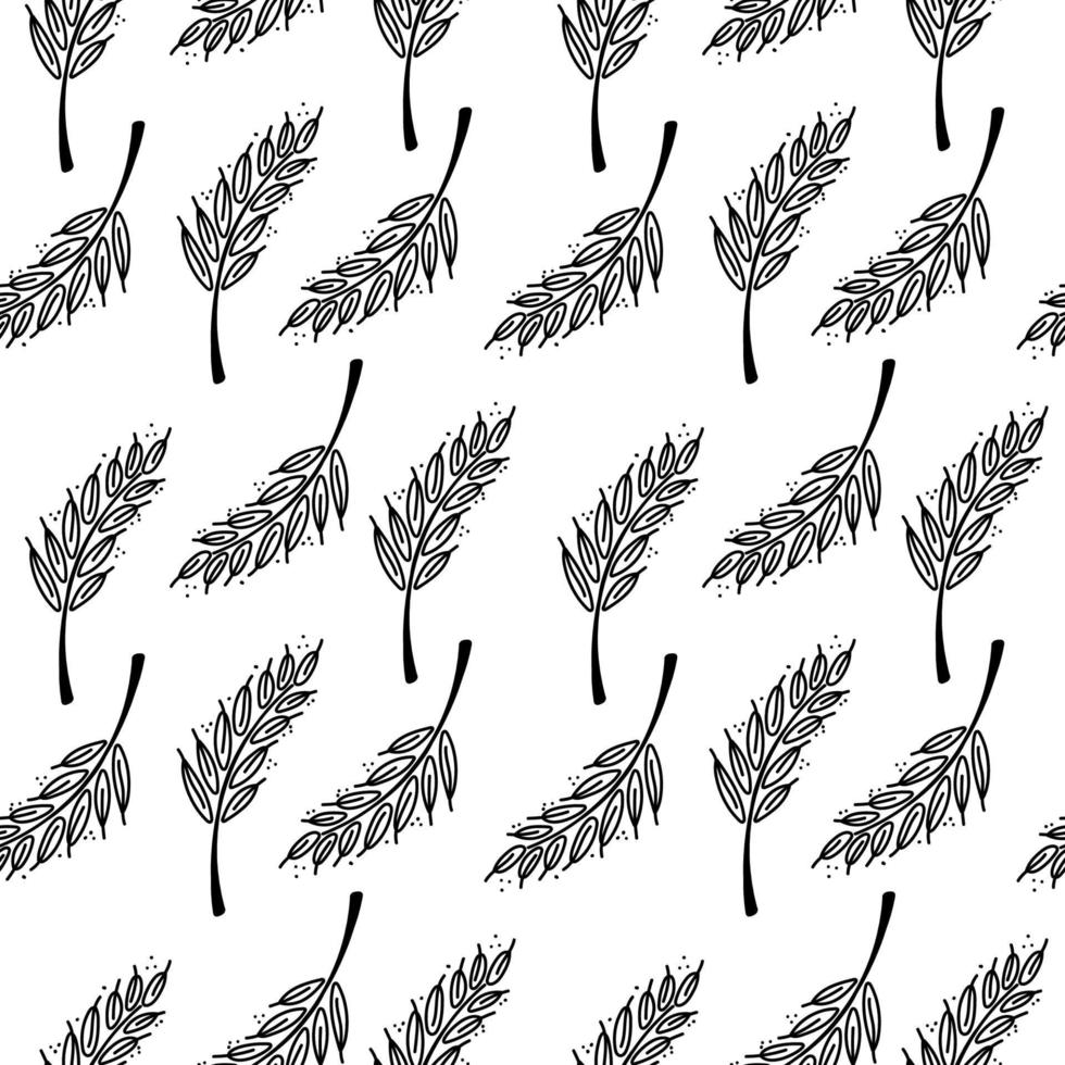 Seamless pattern of wheat ears, hand-drawn in sketch style. Wheat, oats. Monochrome. Symbol of baked goods. Simple vector illustration
