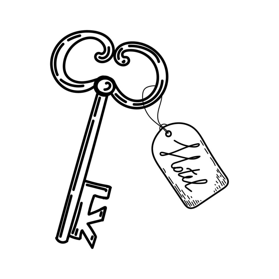 A key for a hotel, a hand-drawn doodle in doodle style. Vintage decorative key. Icon. Simple vector illustration