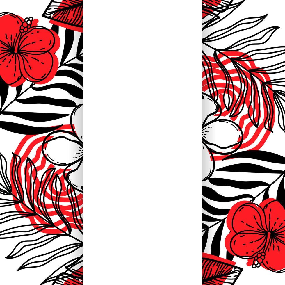 Holiday board decorated with tropical leaves and flowers, hand-drawn. Hibiscus. Black and red palette on white background. Sample poster, party invitation, holiday banner, postcard vector