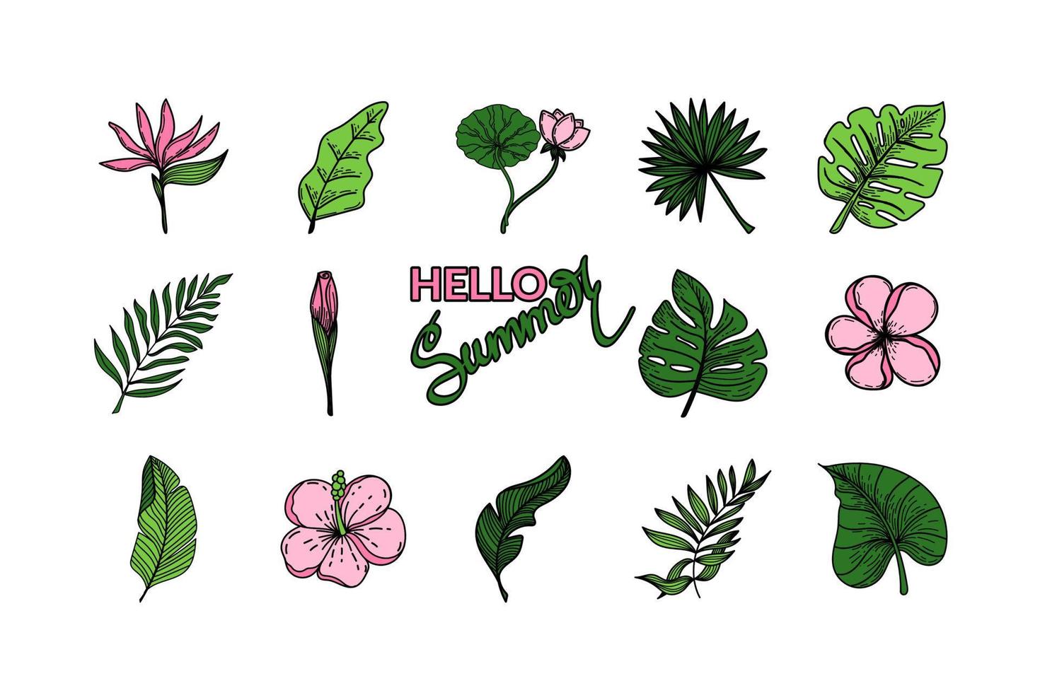 Set of tropical elements of tropical strelitzia flower, monster leaves, banana leaves, lotus. Hand-drawn doodle-style elements, bright flowers and greenery. Hello summer, hand-drawn. Tropics. Summer vector