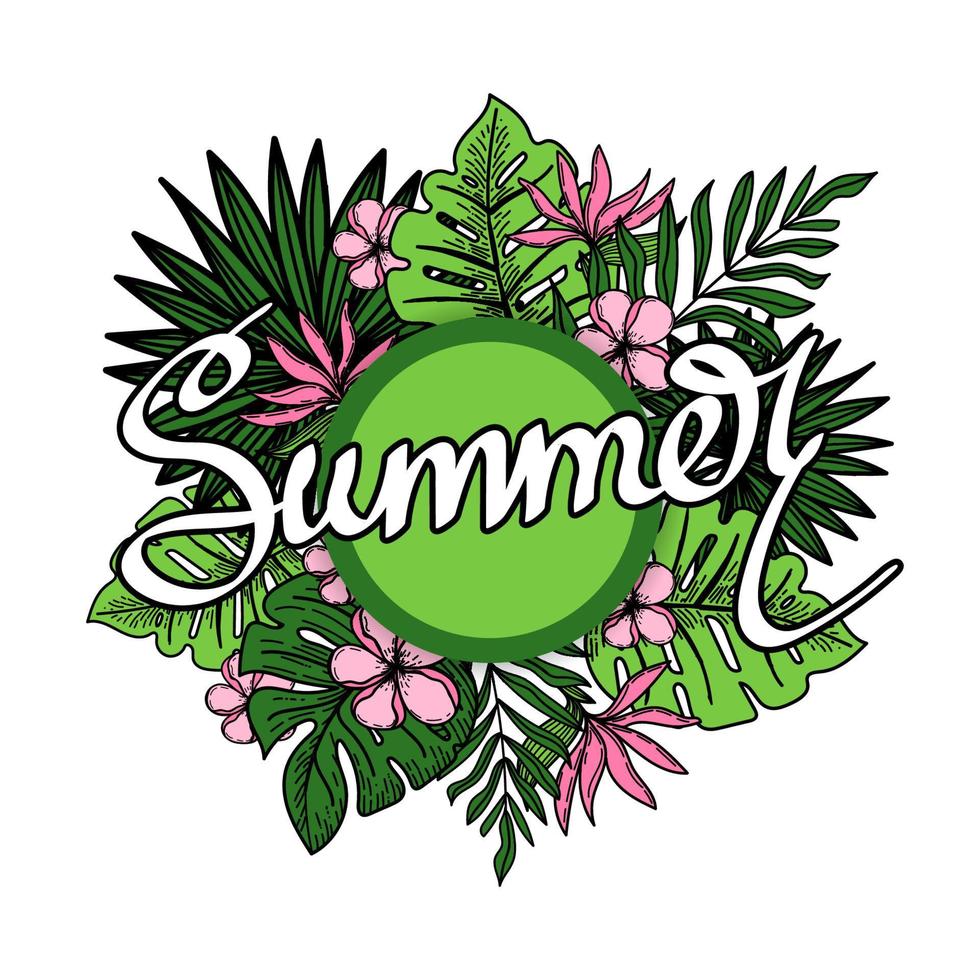 Banner for sale, palm leaf poster, jungle leaf, exotic flowers and handwriting. Vector made by hand in doodle style. Floral tropical summer background. Vector illustration