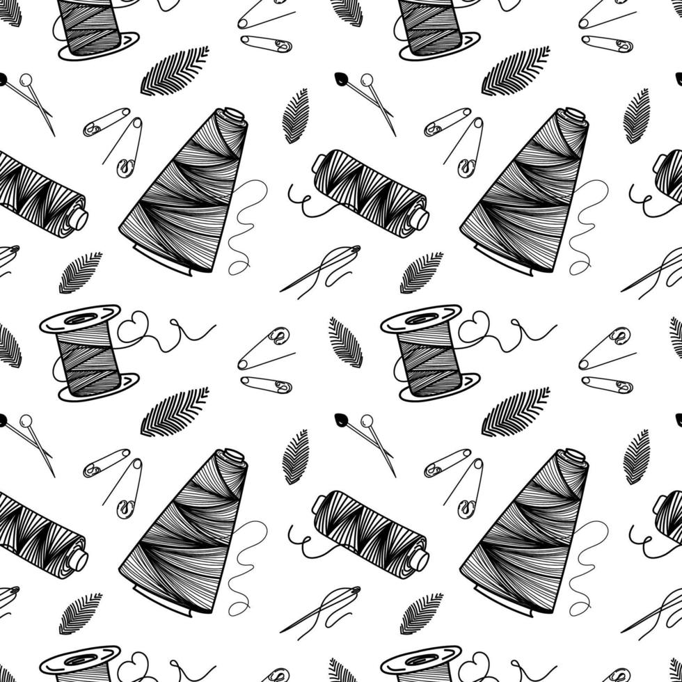 Seamless pattern of thread, needles and pins, hand-drawn doodle elements in sketch style. Sewing thread, needle, pins. Sewing. Embroidery. Thread. Handmade. Vector simple illustration.