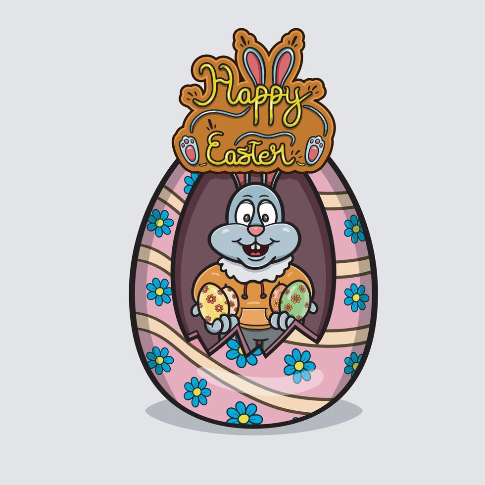 la caricatura del logotipo del conejo mascota trae huevos dentro de los huevos. feliz tema de pascua. vector