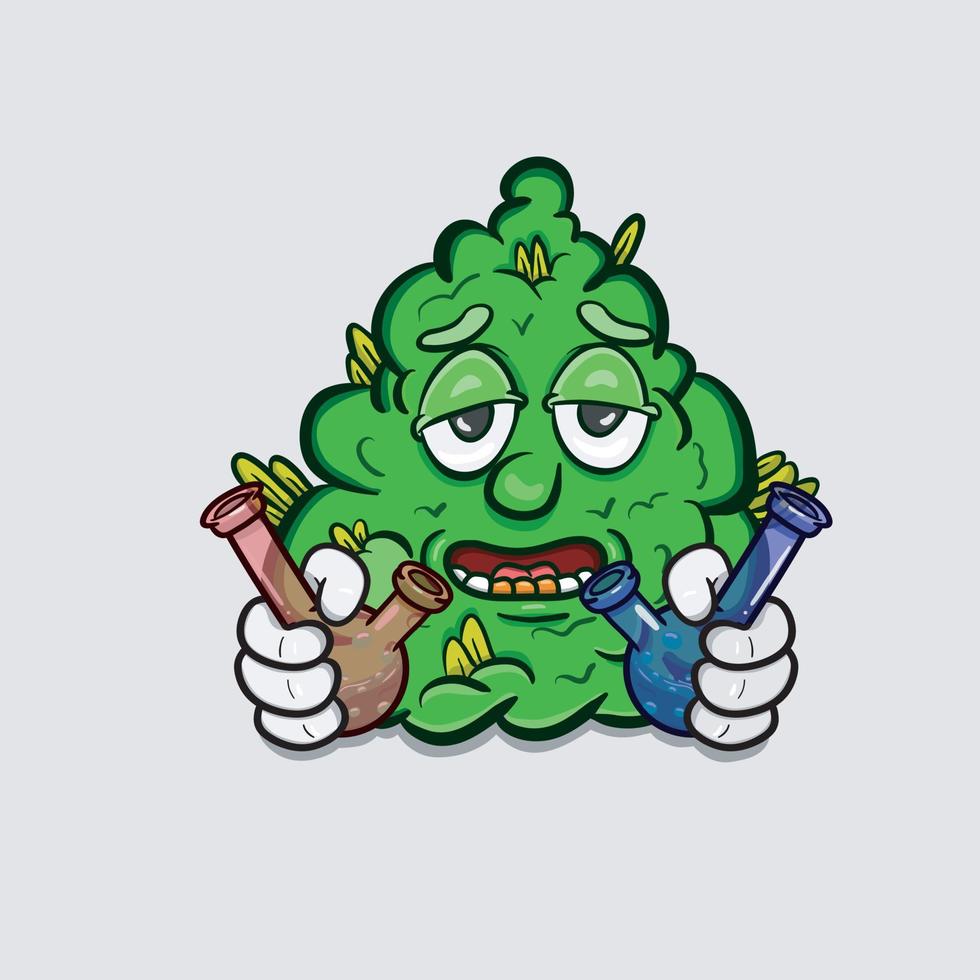 Mascot of Marijuana Cartoon With Bong Glass Smoke. Vector Clip Art.