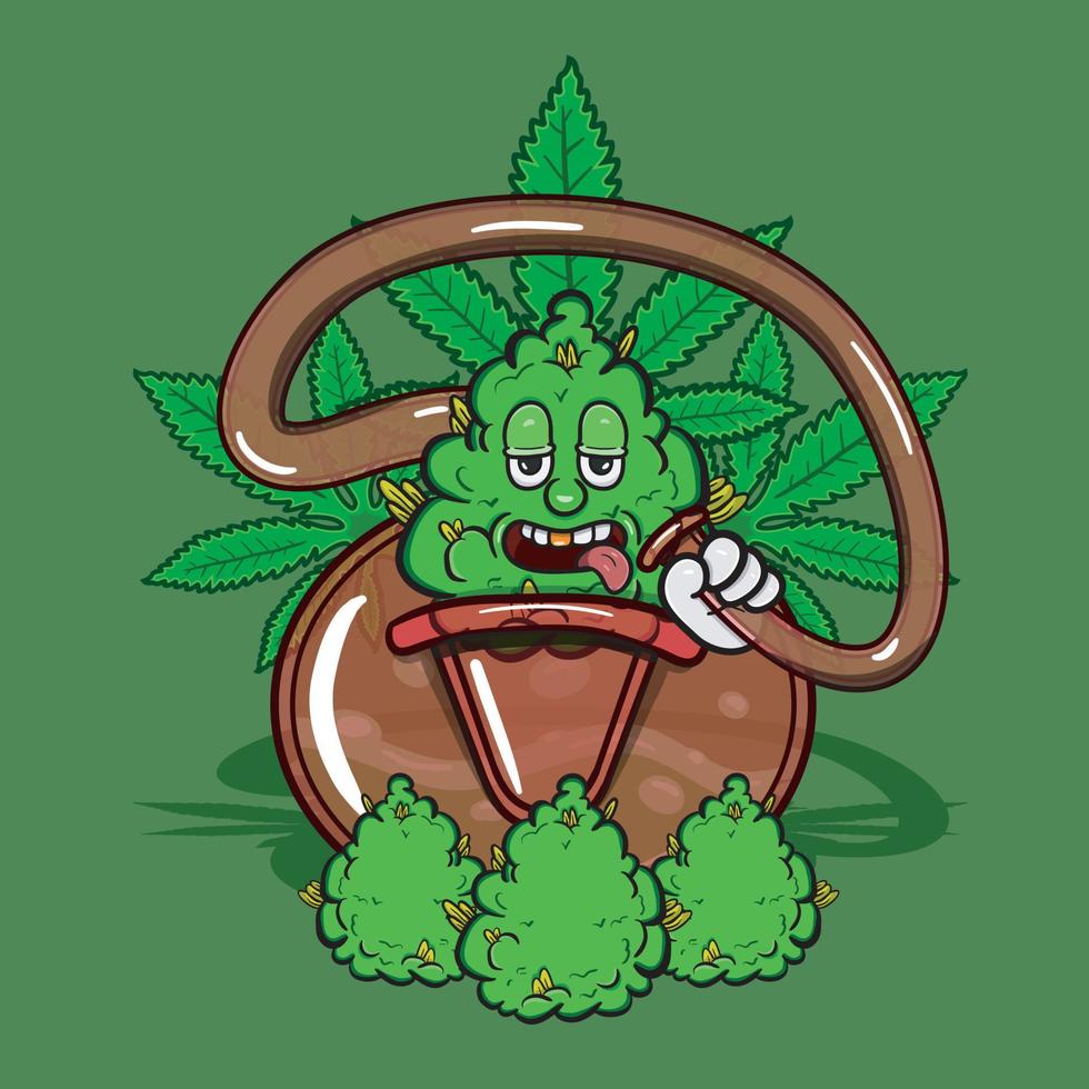 mascota de dibujos animados de malezas sobre humo de vidrio bong y fondo de marihuana. vector