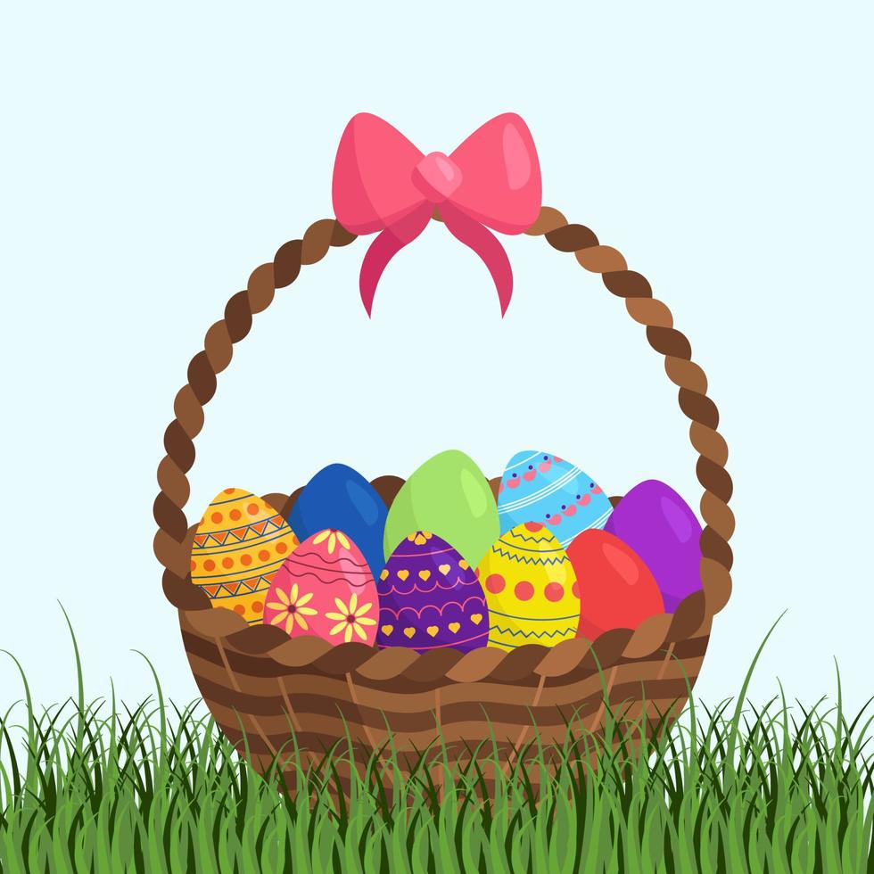 Basket Full of Easter Eggs Standing on a Grass vector