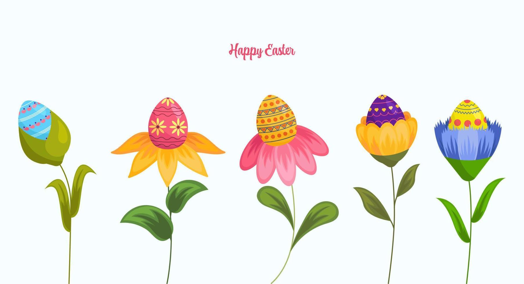Set of Easter Eggs in Flowers vector
