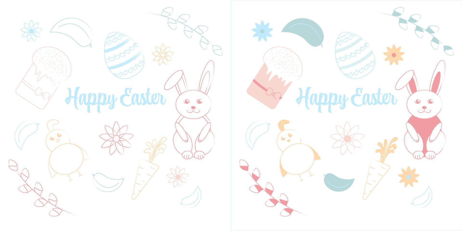 conjunto de arte lineal de símbolos de pascua. huevos de pascua, conejo de pascua, pollito, rama de sauce, pastel de pascua, flores, hojas, zanahoria vector