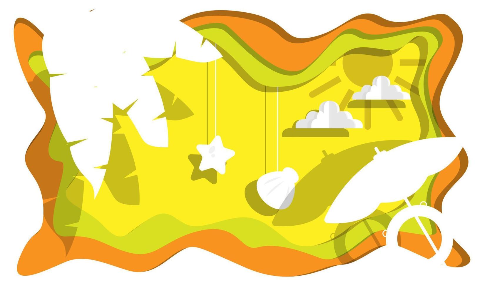 Summer paper cut art design with tropical leaves, umbrella, buoy, starfish, sea shells, sun and clouds. Suitable for backgrounds, flyers, etc. vector