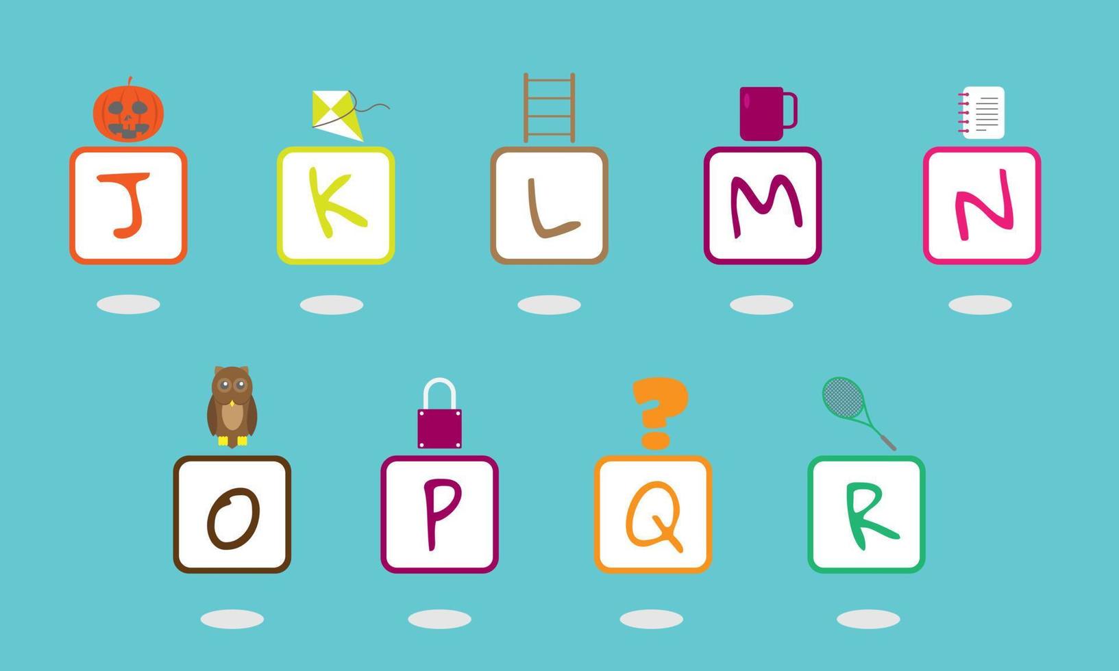 Capital letters J to R in a square with an example of an object above the square. Suitable for children's products vector