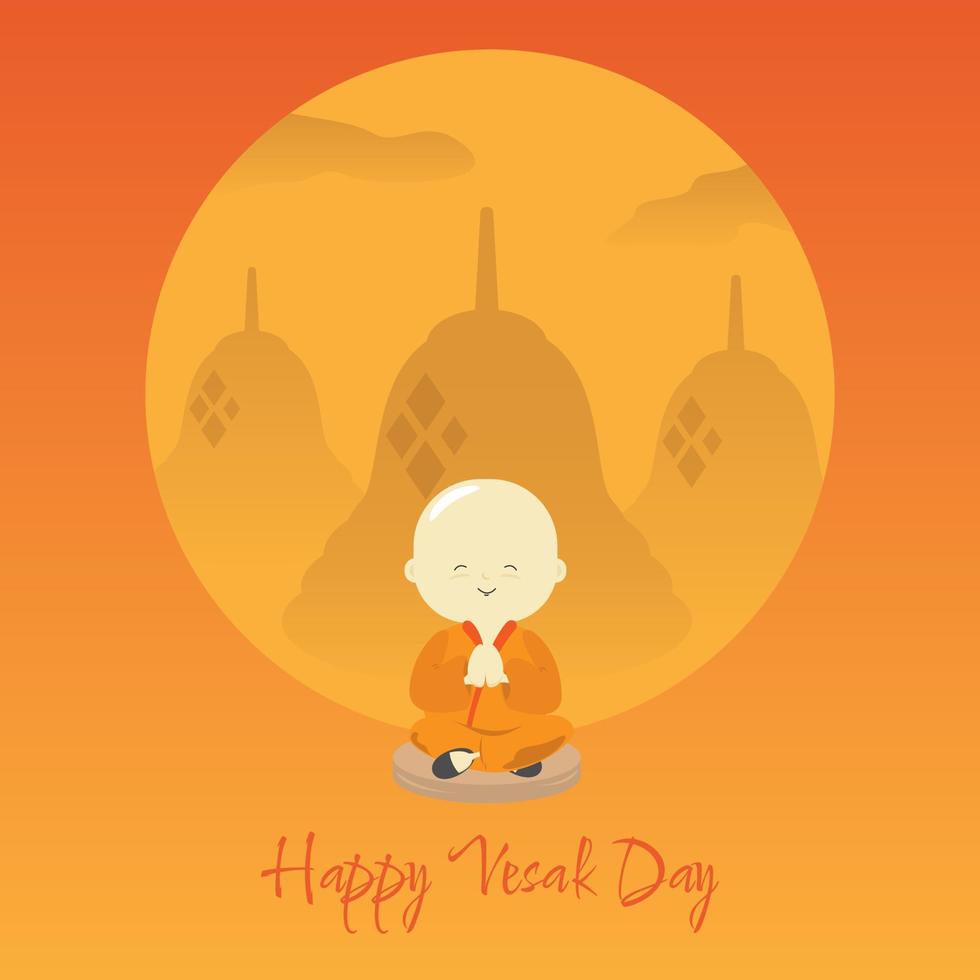 Happy Vesak Day. A little monk is cross-legged and greeting. Suitable for greeting cards, flyers, etc vector