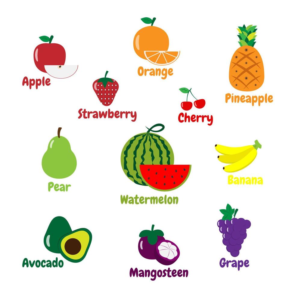 varios tipos de frutas sobre un fondo blanco. adecuado para productos infantiles vector