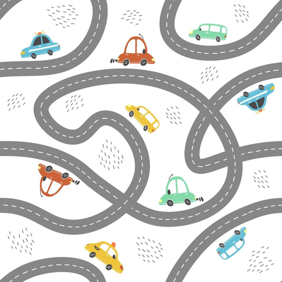 Seamless pattern of cartoon style baby cars. Vector illustration.