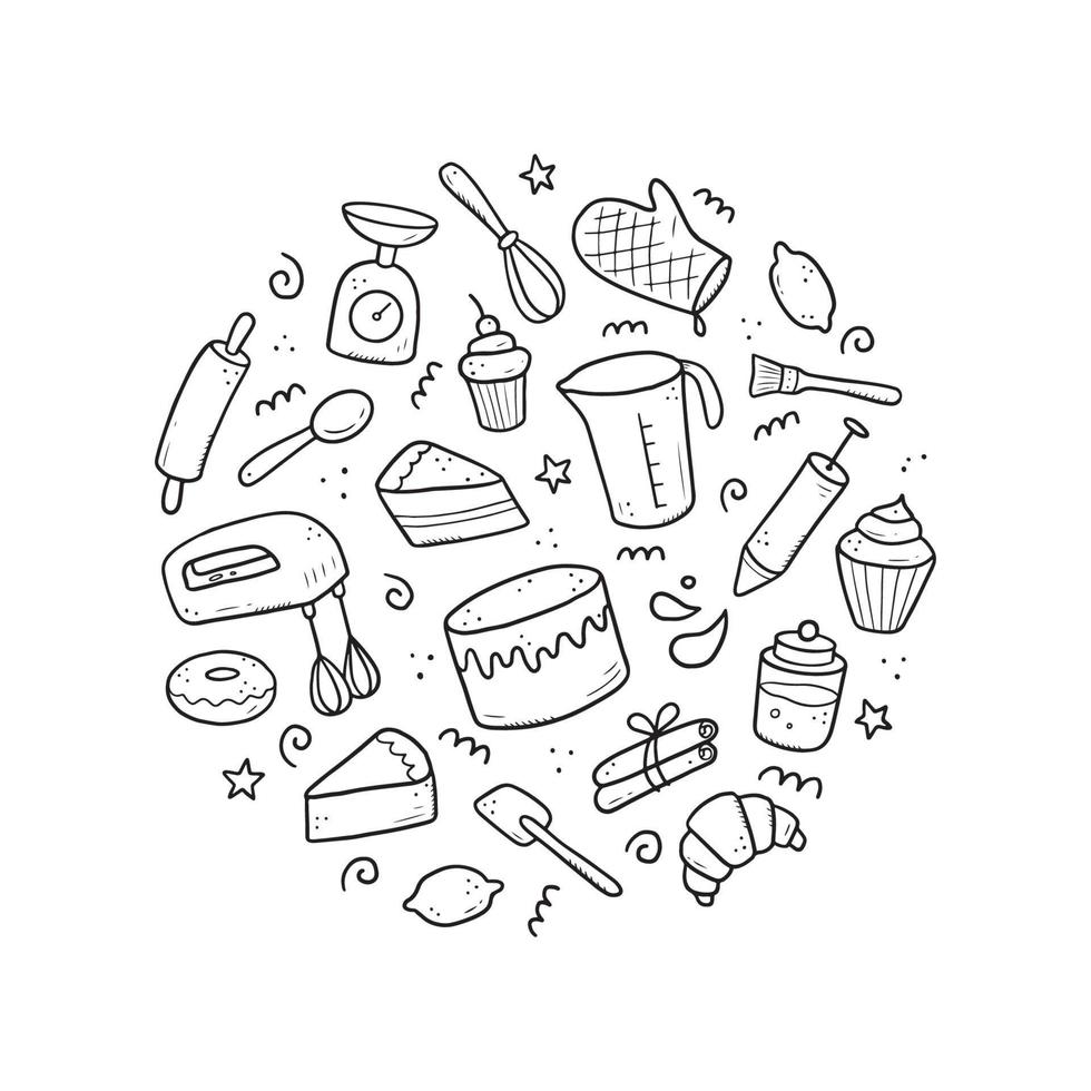 Hand drawn set of baking and cooking elements vector