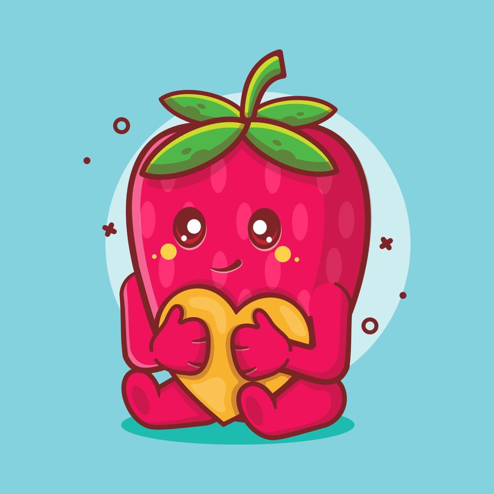 mascota de personaje de fruta de fresa sosteniendo dibujos animados aislados de signo de corazón de amor en diseño de estilo plano. gran recurso para icono, símbolo, logo, pegatina, banner. vector