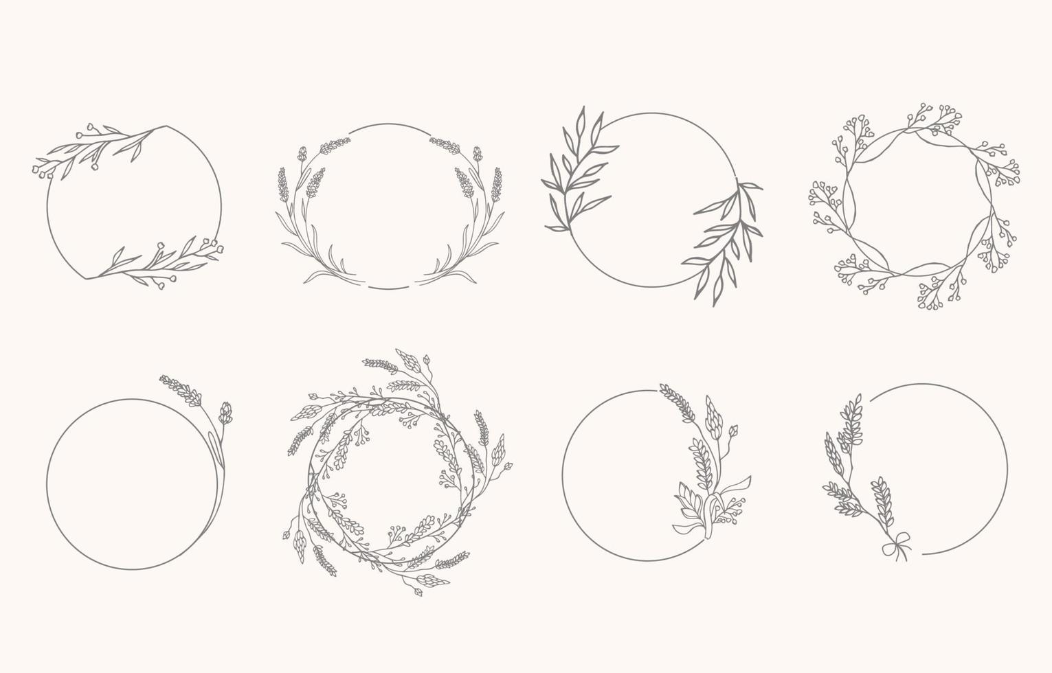 colección de objetos de línea con lavanda, hoja, flor, círculo, corona vector