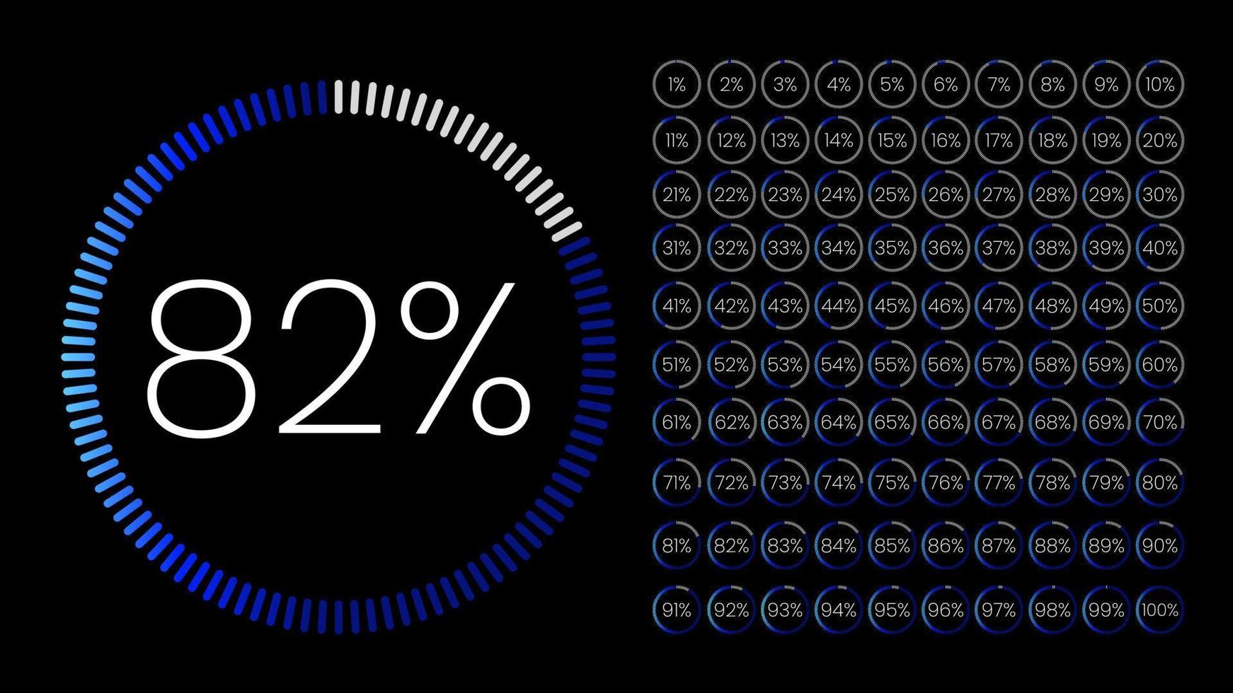 conjunto de medidores de porcentaje de círculo de 0 a 100 para infografía, diseño de interfaz de usuario ui. gráfico circular degradado descargando el progreso de azul claro a azul oscuro en fondo negro. vector de diagrama de círculo.