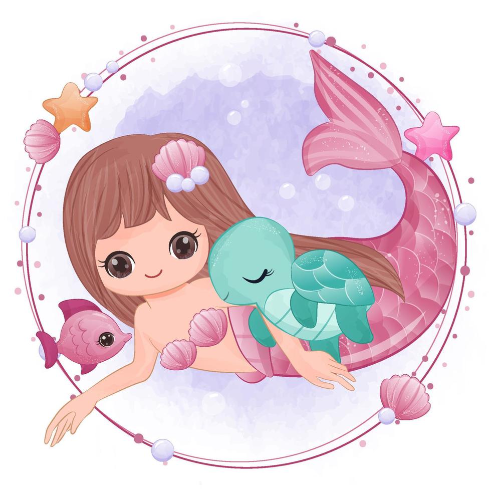 Cute little mermaid in watercolor illustration vector