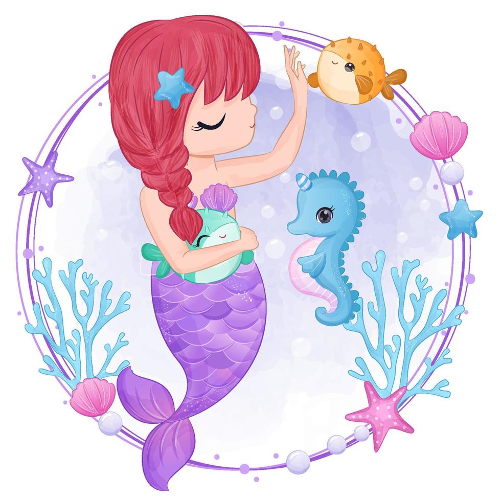 Cute little mermaid in watercolor illustration vector