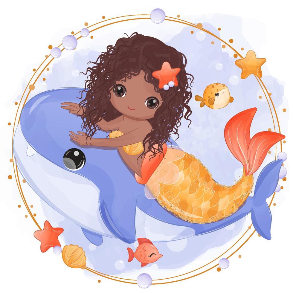 Cute little mermaid in watercolor illustration vector