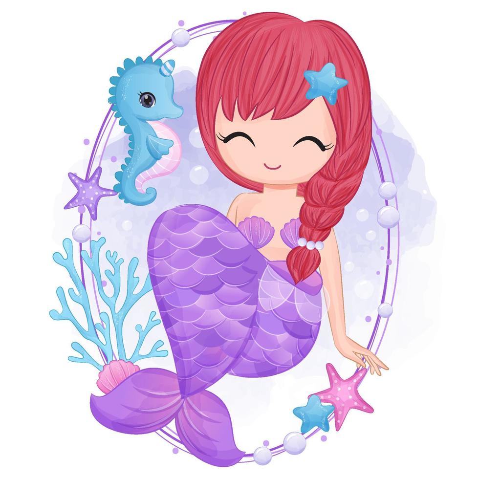 Cute little mermaid in watercolor illustration vector