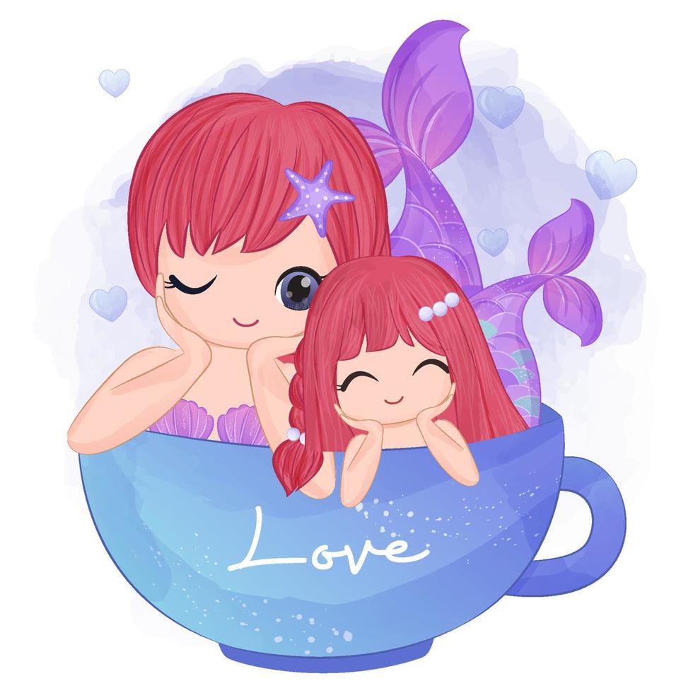 linda sirena mamá y bebé en ilustración acuarela vector