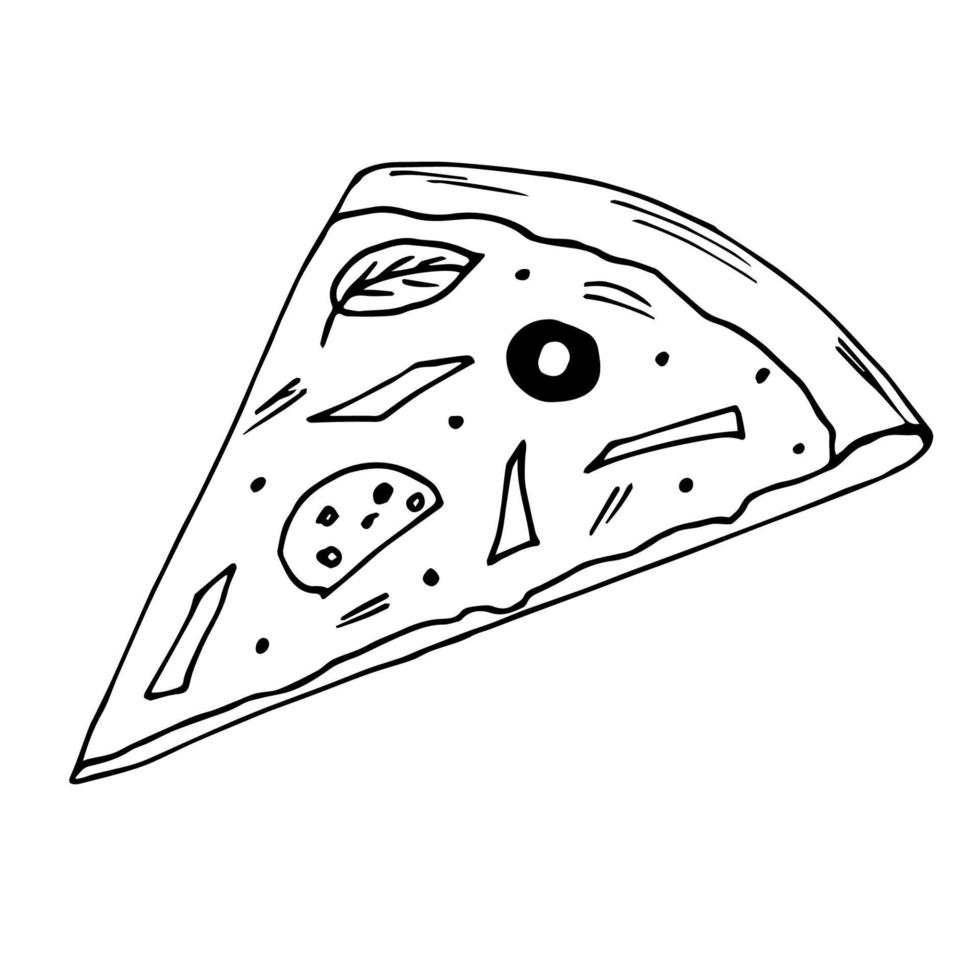 dibujo vectorial simple en contorno negro. un trozo de pizza está aislado en un fondo blanco. cocina tradicional italiana, comida rápida. vector