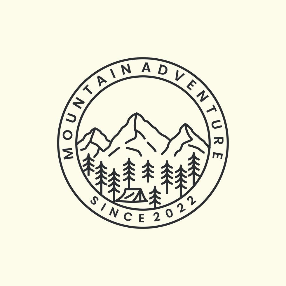 mountain with badge and line art style logo icon template design.adventure,tent,river, tree, vector illustration