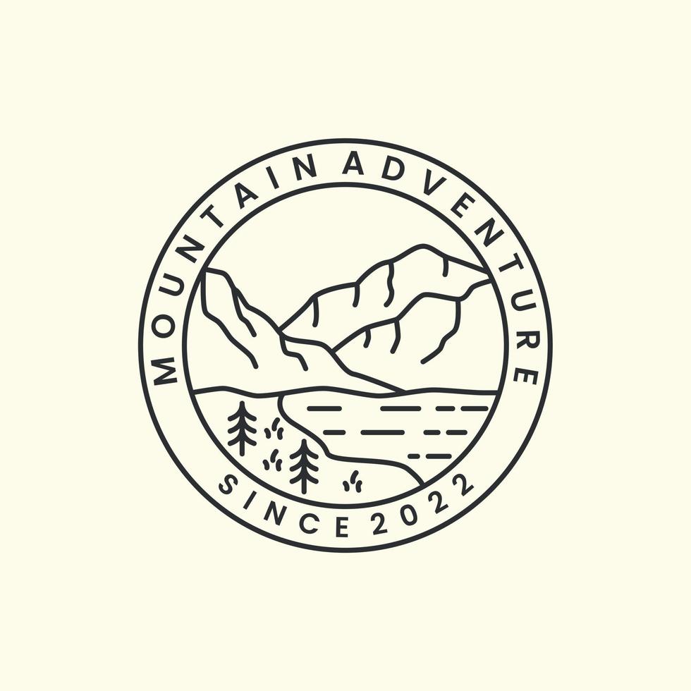aventura de montaña con insignia y diseño de plantilla de icono de logotipo de estilo de arte de línea. río, árbol, ilustración vectorial vector