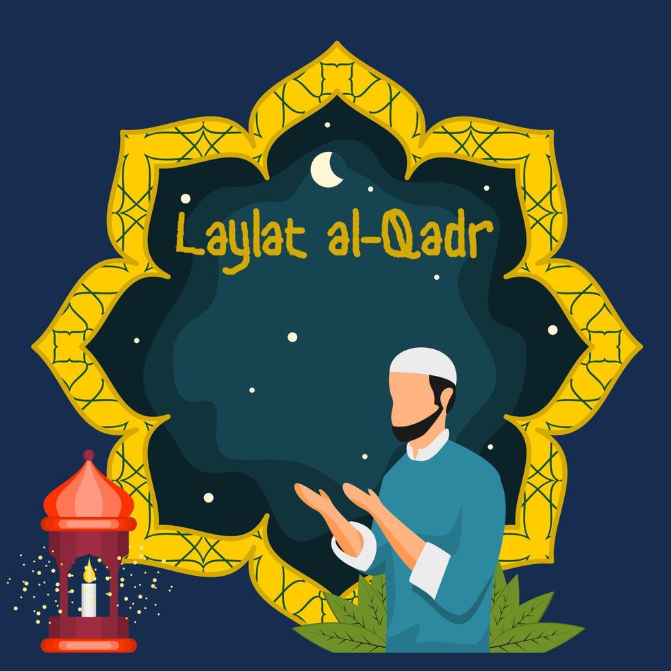 Editable Praying Muslim Man and Arabian Fanoos Lantern Vector Illustration With Patterned Frame of Night Sky for Laylat al-Qadr During Ramadan Month Related Design Concept