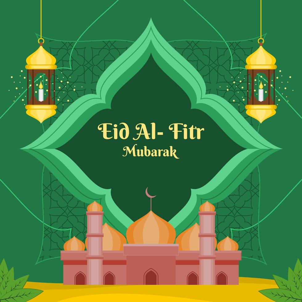 mezquita editable con marco y farolillos árabes colgantes ilustración vectorial sobre fondo estampado para eid fitr mubarak y concepto de diseño de momentos islámicos vector