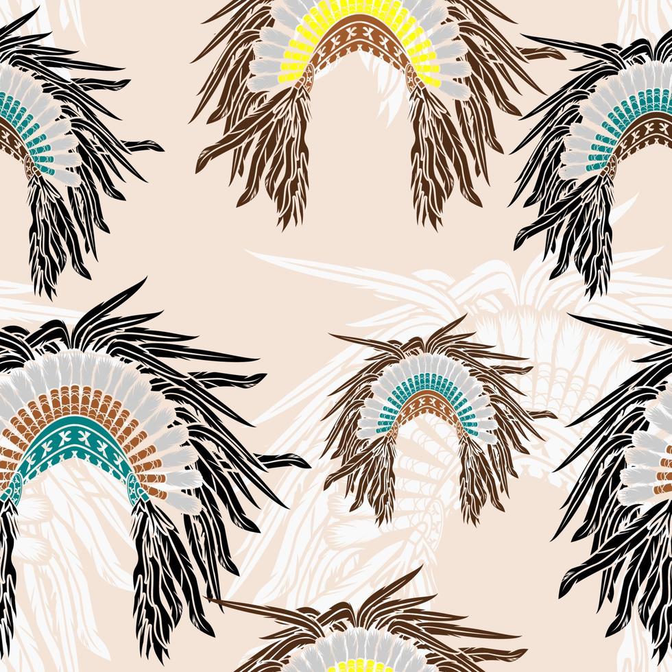 Editable Vector of Front View Native American Headdresses Illustration in Various Colors as Seamless Pattern for Creating Background of Traditional Culture and History Related Design