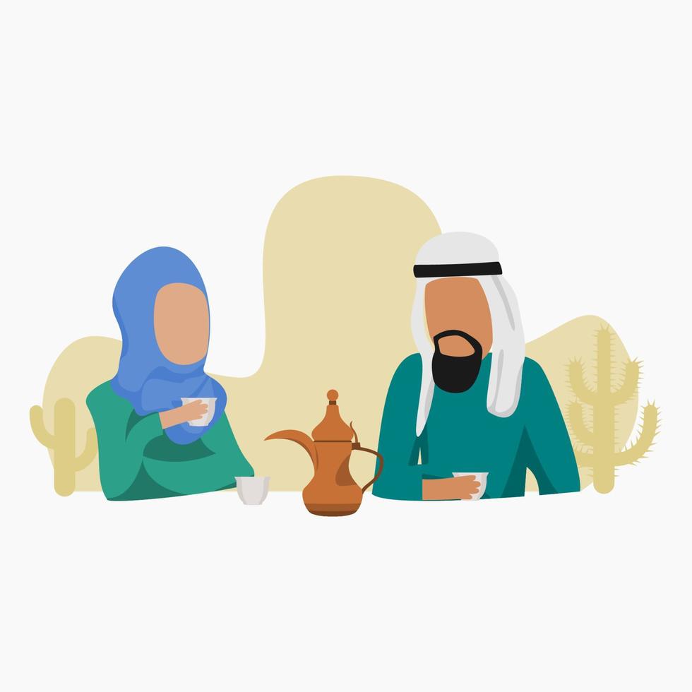 Editable Arab Couple Having Arabic Coffee Vector Illustration With Dallah Pot and Finjan Cups for Islamic Moments or Arabian Culture Cafe Related Design