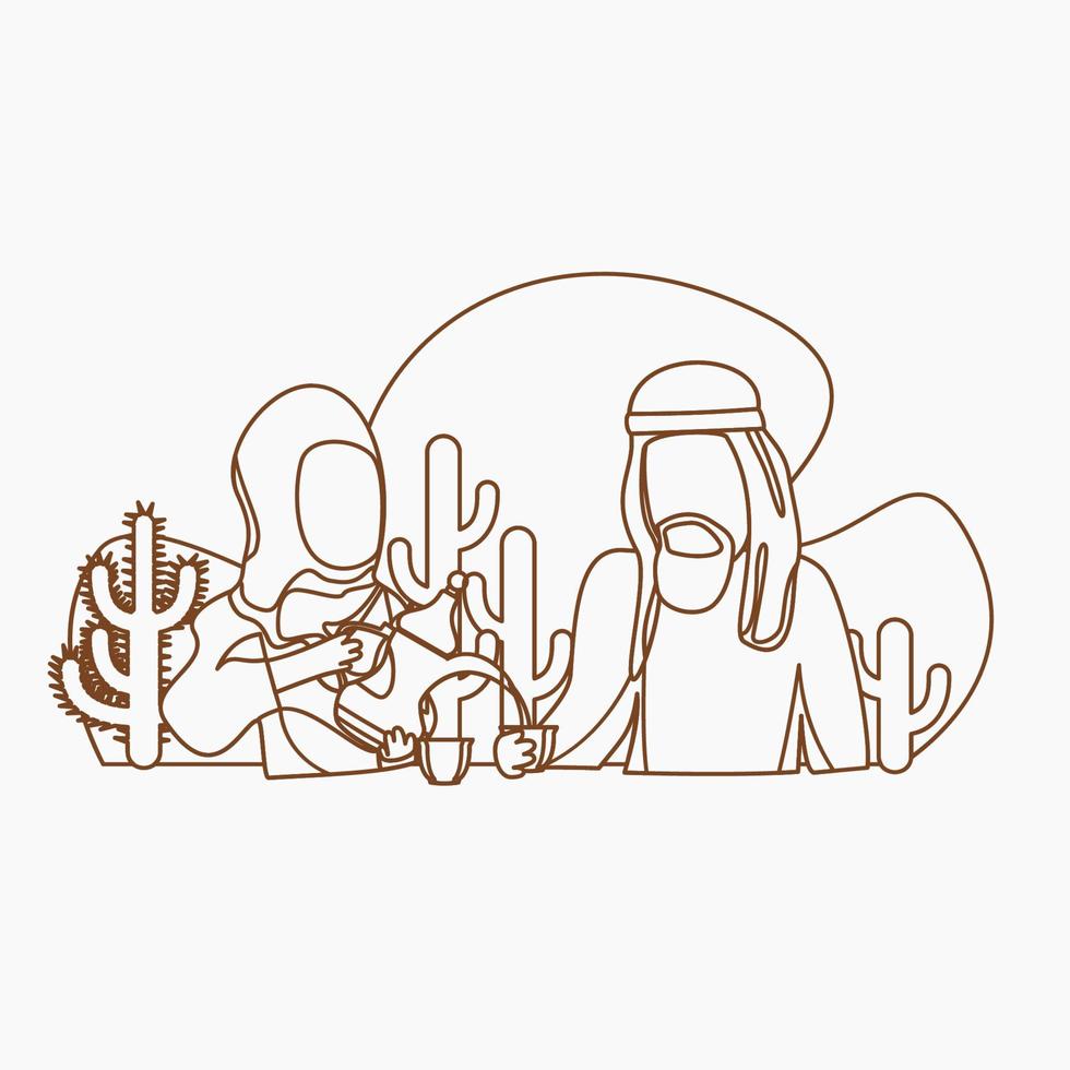 Editable Vector of Outline Style Arab Lady Pouring Arabic Coffee From Dallah Pot into Finjan Cup for Her Husband Illustration for Islamic Moments or Arabian Culture Cafe and Family Related Design