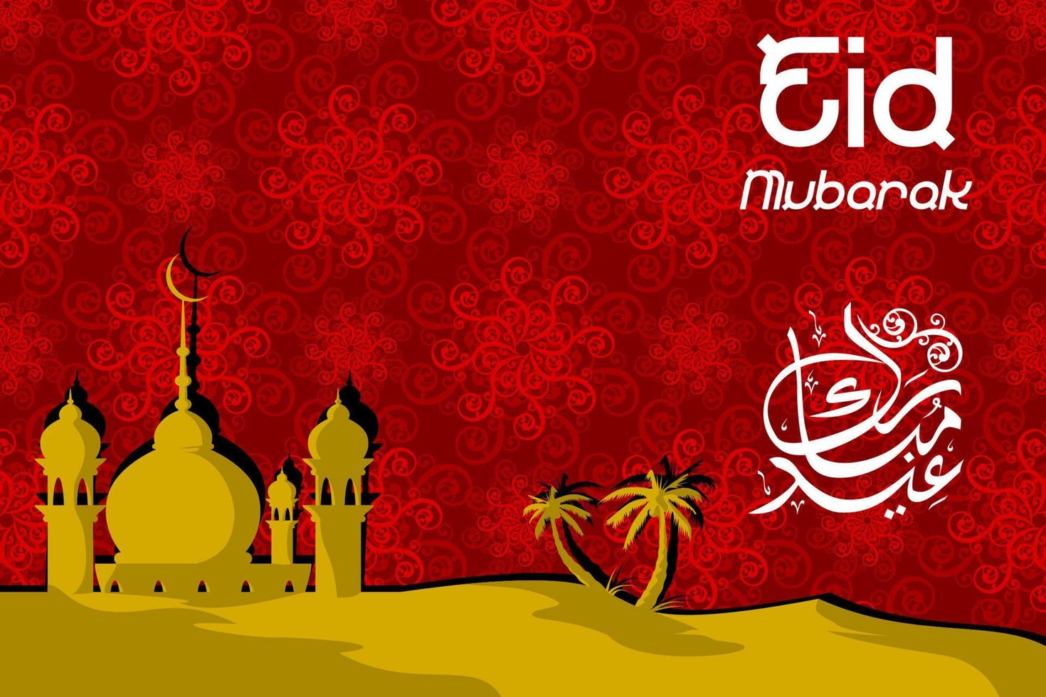 Editable Eid Mubarak Mosque on Desert Vector Illustration with Pattern Background for Islamic Moments
