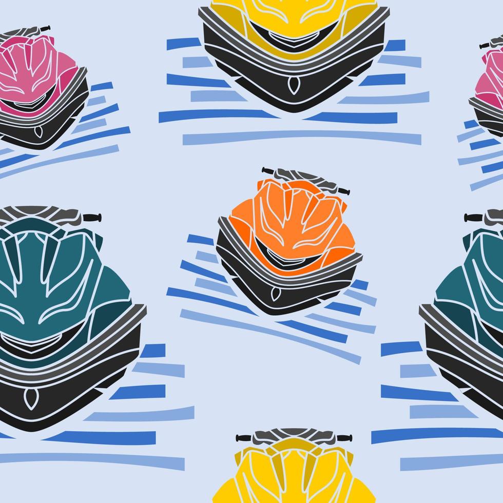 Editable Front View Personal Watercraft or Water Scooter in Various Colors on Calm Water Vector Illustration as Seamless Pattern for Creating Background of Transportation or Recreation Related Design