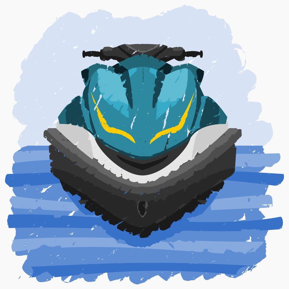 Editable Front View Brush Strokes Style Personal Watercraft or Water Scooter on Calm Water Vector Illustration for Artwork Element of Transportation or Recreation Related Design