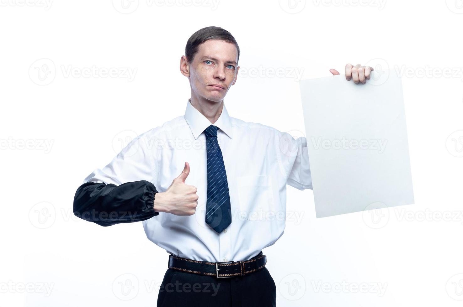 Business man with a piece of paper in his hands on a white, isolated background photo
