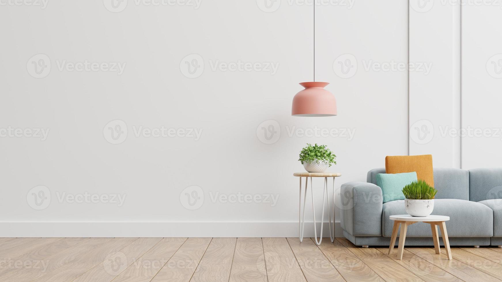 Empty living room with blue sofa, plants and table on empty white wall  background. 7334296 Stock Photo at Vecteezy