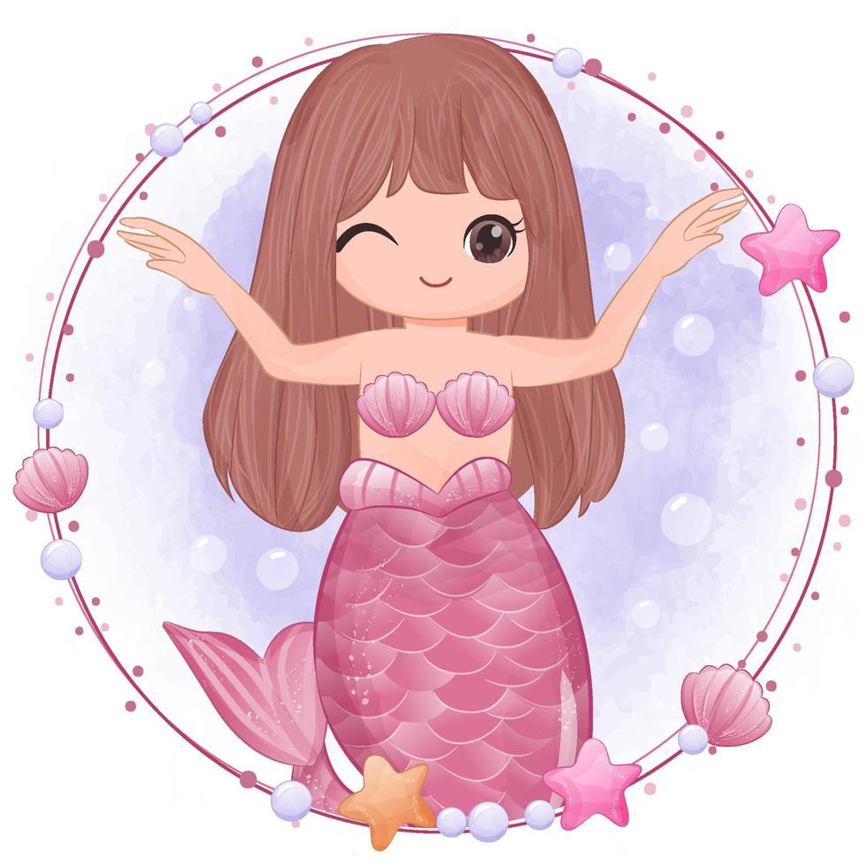 Cute little mermaid in watercolor illustration vector