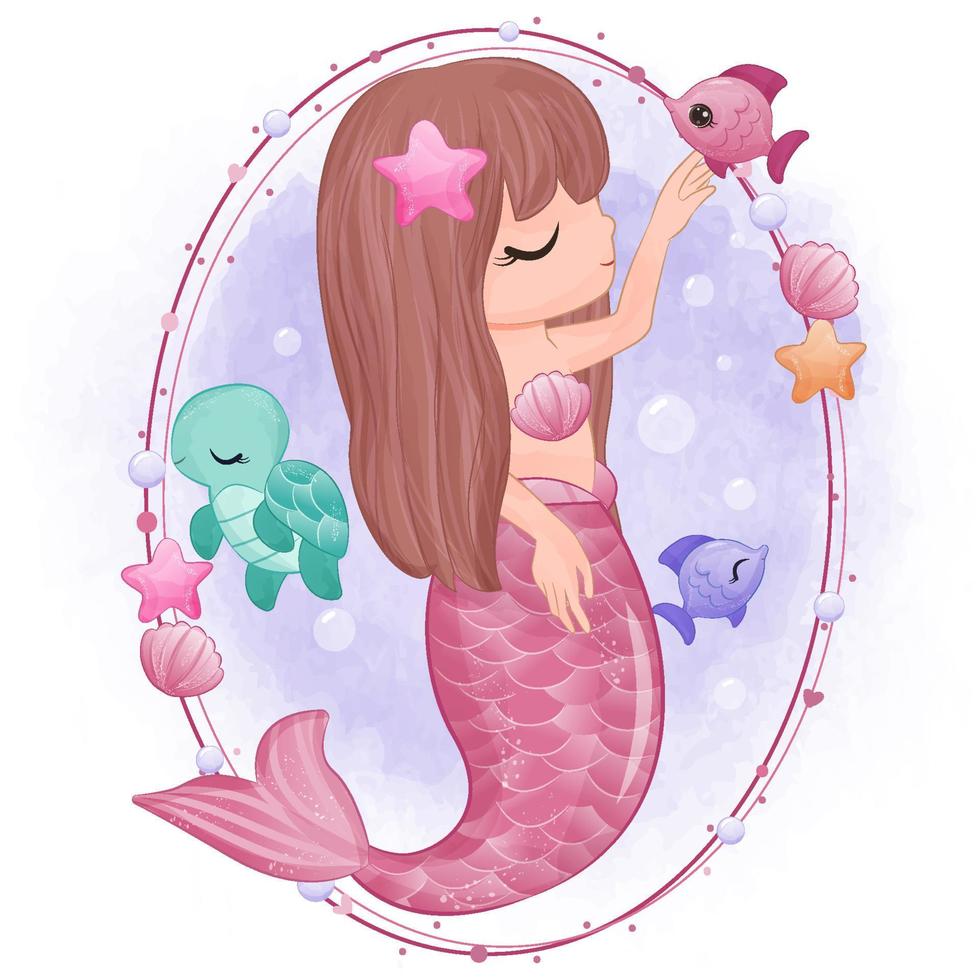 Cute little mermaid in watercolor illustration vector